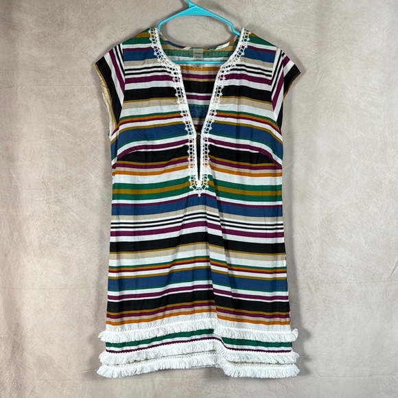 Bleu Rod Beattie Swimsuit Cover up Dress Striped Tiered Fringe Hem Embroidered S - Picture 2 of 11